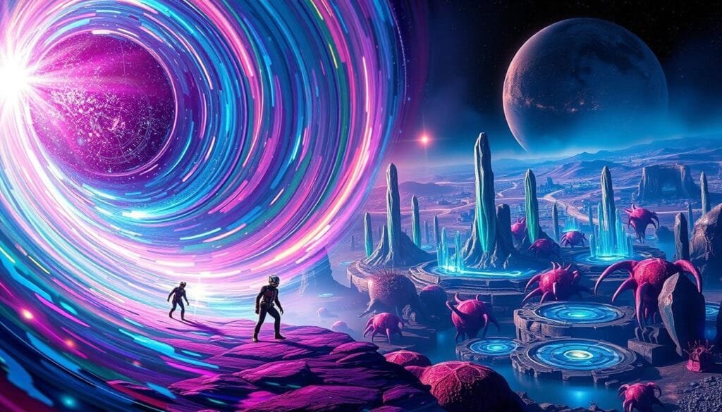 A vibrant and surreal scene of the Quantum Realm, where Ant-Man embarks on a microscopic adventure. In the foreground, a swirling vortex of kaleidoscopic energies, hues of blues, purples, and greens converging in a hypnotic dance. Amidst the abstract patterns, the diminutive figure of Ant-Man navigates the alien landscape, his suit glowing with a faint bioluminescence. The middle ground reveals a bizarre and otherworldly terrain, with towering crystal formations, iridescent pools, and bizarre organisms pulsing with quantum energy. In the distance, the backdrop is a vast, limitless expanse of shifting dimensions, hinting at the vastness and mystery of the Quantum Realm. The lighting is ethereal and dreamlike, casting a mystical glow over the entire scene, as if the very fabric of reality is being distorted and transformed.