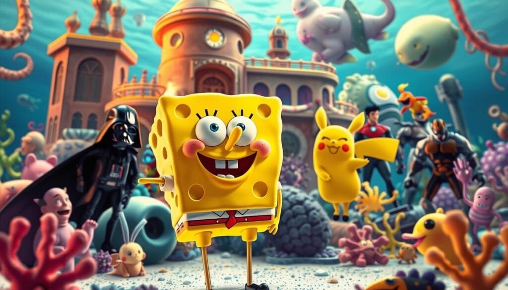 A vibrant and whimsical crossover scene depicting Bob Esponja interacting with characters from other iconic franchises. The foreground features Bob Esponja, his iconic yellow sponge-like body and goofy expression, surrounded by a cast of recognizable characters such as Darth Vader, Pikachu, and characters from the Marvel universe. The middle ground showcases the underwater Bikini Bottom setting, with its distinctive architecture and marine life. The background subtly blends elements from the various franchises, creating a visually striking and imaginative composite world. The lighting is warm and cheerful, capturing the playful and imaginative nature of the crossover. The composition is balanced and dynamic, drawing the viewer's eye through the various layers of the scene.