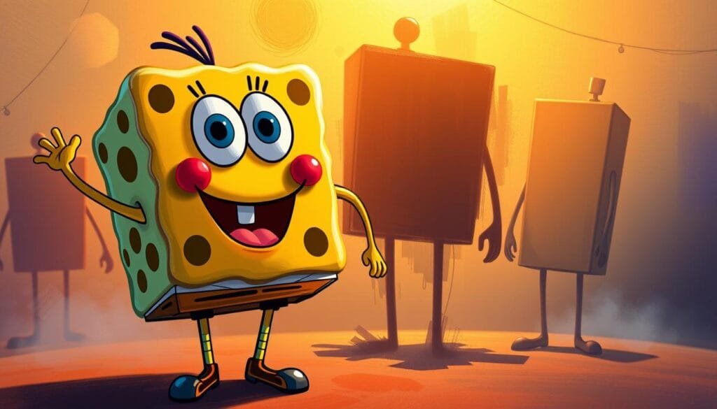 A vibrant and whimsical depiction of Bob Esponja, the beloved Nickelodeon character, showcased across a diverse array of artistic styles. In the foreground, Bob Esponja's iconic square shape and cheerful demeanor are rendered in a bold, pop art-inspired palette, with dynamic brushstrokes and a playful, exaggerated expression. The middle ground features Bob Esponja in a moody, impressionistic style, his form hazy and dreamlike, captured in a wash of muted colors and soft, gestural brushwork. In the background, Bob Esponja is depicted in a sleek, minimalist aesthetic, his form simplified to geometric shapes and lines, set against a subtly textured backdrop. Warm, dramatic lighting casts a sense of wonder and magic, while the varied artistic treatments convey the multifaceted nature of this beloved character.