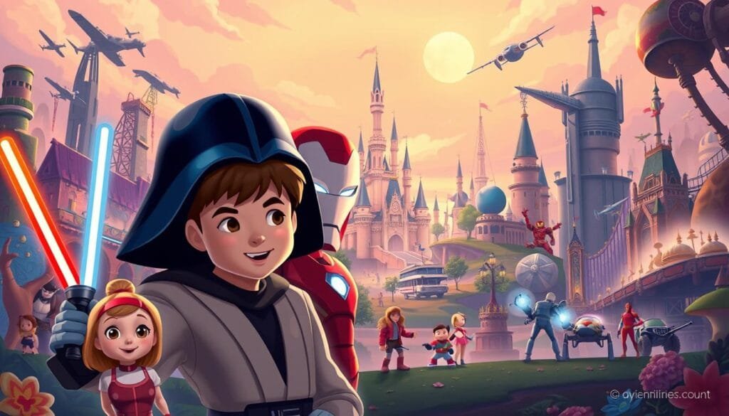 A vibrant and whimsical fusion of the Star Wars and Marvel universes, rendered in the enchanting Disney art style. In the foreground, beloved characters from both franchises - such as Luke Skywalker, Iron Man, and Princess Leia - come together in a joyful, playful tableau, their features softened and exaggerated to evoke the classic Disney aesthetic. The middle ground showcases iconic landmarks and vehicles from each universe, blended seamlessly to create a harmonious, fantastical landscape. In the background, a dreamy, pastel-hued sky frames the scene, infusing it with a sense of enchantment and wonder. Warm, diffused lighting casts a magical glow over the entire composition, capturing the essence of the Disney brand and its enduring appeal.