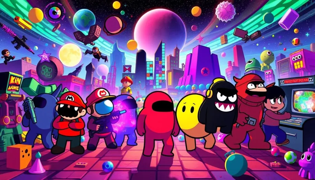 A vibrant and whimsical fusion of the iconic Among Us characters intertwined with the distinct visual styles and gameplay elements of other beloved video game franchises. The foreground features the recognizable Among Us crewmates, their distinct silhouettes blending seamlessly with the iconic power-ups, weapons, and environmental objects from games like Super Mario, Pac-Man, Tetris, and Donkey Kong. The middle ground showcases the dynamic interplay between these disparate game worlds, with the Among Us crew embarking on thrilling adventures, battling formidable enemies, and uncovering hidden secrets. The background depicts a rich, kaleidoscopic landscape that combines the retro-futuristic aesthetics of sci-fi classics and the vibrant, pixelated charm of classic arcade games. Vibrant lighting, a whimsical color palette, and a playful, energetic atmosphere bring this fusion of gaming universes to life.