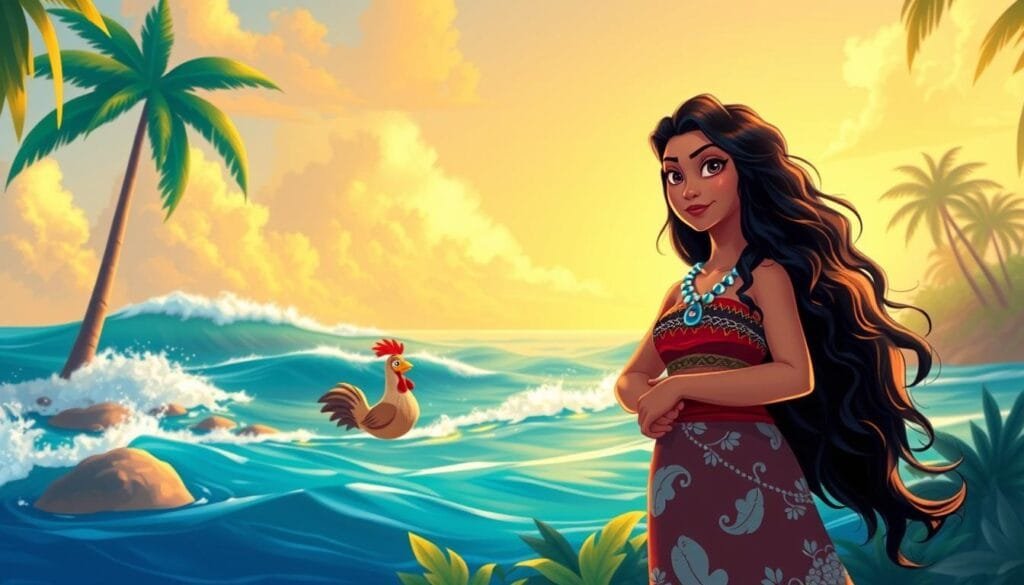 A vibrant and whimsical illustration of Moana, the adventurous Polynesian heroine, in a lush tropical setting. Moana stands in the foreground, her confident gaze and flowing hair capturing her adventurous spirit. In the middle ground, her loyal companion, the mischievous chicken Pua, flutters beside her. The background features a stunning seascape with gently crashing waves, palm trees swaying in the breeze, and a warm, golden-hued sky. The scene is infused with a sense of energy and wonder, perfectly capturing the essence of Moana's journey and her connection to the natural world. Soft, dreamlike lighting and a painterly, illustrative style bring this vibrant scene to life, making it an ideal image for social media and digital content. A vibrant and whimsical illustration of Moana, the adventurous Polynesian heroine, in a lush tropical setting. Moana stands in the foreground, her confident gaze and flowing hair capturing her adventurous spirit. In the middle ground, her loyal companion, the mischievous chicken Pua, flutters beside her. The background features a stunning seascape with gently crashing waves, palm trees swaying in the breeze, and a warm, golden-hued sky. The scene is infused with a sense of energy and wonder, perfectly capturing the essence of Moana's journey and her connection to the natural world. Soft, dreamlike lighting and a painterly, illustrative style bring this vibrant scene to life, making it an ideal image for social media and digital content.