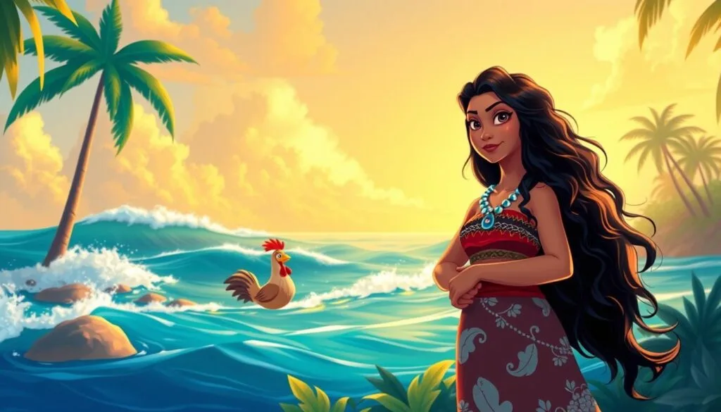A vibrant and whimsical illustration of Moana, the adventurous Polynesian heroine, in a lush tropical setting. Moana stands in the foreground, her confident gaze and flowing hair capturing her adventurous spirit. In the middle ground, her loyal companion, the mischievous chicken Pua, flutters beside her. The background features a stunning seascape with gently crashing waves, palm trees swaying in the breeze, and a warm, golden-hued sky. The scene is infused with a sense of energy and wonder, perfectly capturing the essence of Moana's journey and her connection to the natural world. Soft, dreamlike lighting and a painterly, illustrative style bring this vibrant scene to life, making it an ideal image for social media and digital content. A vibrant and whimsical illustration of Moana, the adventurous Polynesian heroine, in a lush tropical setting. Moana stands in the foreground, her confident gaze and flowing hair capturing her adventurous spirit. In the middle ground, her loyal companion, the mischievous chicken Pua, flutters beside her. The background features a stunning seascape with gently crashing waves, palm trees swaying in the breeze, and a warm, golden-hued sky. The scene is infused with a sense of energy and wonder, perfectly capturing the essence of Moana's journey and her connection to the natural world. Soft, dreamlike lighting and a painterly, illustrative style bring this vibrant scene to life, making it an ideal image for social media and digital content.