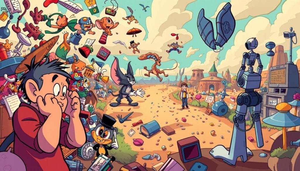 A vibrant and whimsical scene depicting the common mistakes encountered when crafting prompts for Tom and Jerry images using AI. Showcased in the foreground, a perplexed artist scratches their head, surrounded by a swirling chaos of elements - a jumbled collection of distorted cartoon characters, incongruous background settings, and technical details run amok. The middle ground features a frenetic chase, with Tom and Jerry darting through a surreal landscape of clashing art styles and genres. In the background, a looming AI system observes the mayhem, its algorithms visibly struggling to make sense of the disparate inputs. Warm lighting and a vibrant color palette lend a playful, comedic tone to the scene, capturing the spirit of the classic cartoon duo while highlighting the nuances of effective prompt engineering.