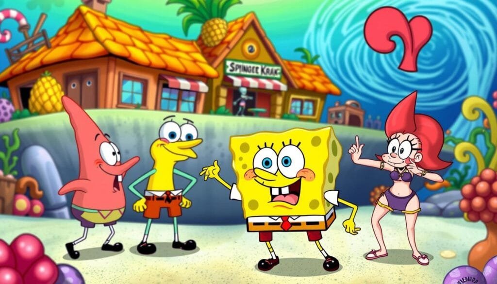 A vibrant and whimsical scene featuring the beloved characters of the cartoon series "SpongeBob SquarePants". In the foreground, SpongeBob and Patrick Star are engaged in a playful exchange, their exaggerated expressions and gestures capturing the show's signature slapstick humor. In the middle ground, Squidward Tentacles stands with a disgruntled expression, while Sandy Cheeks demonstrates her karate skills. In the background, the iconic Bikini Bottom setting is brought to life with the iconic pineapple house, Krusty Krab restaurant, and a swirling underwater current. The scene is bathed in a warm, saturated color palette, reflecting the show's cheerful and vibrant tone. The overall composition creates a dynamic and engaging image that perfectly encapsulates the spirit of "SpongeBob SquarePants" and its ensemble of memorable characters.