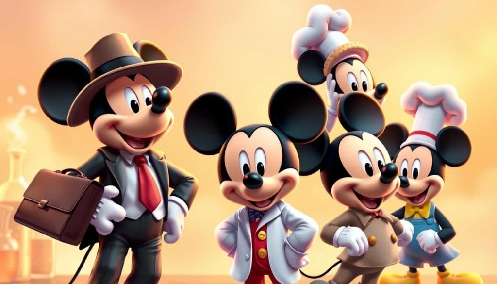 A vibrant and whimsical scene of Mickey Mouse donning various professional attires, set against a warm, dreamlike background. In the foreground, Mickey is depicted in a tailored business suit, confidently holding a briefcase and sporting a fedora. In the middle ground, he appears in a crisp lab coat, surrounded by beakers and scientific equipment. In the background, Mickey is seen in a chef's apron, tossing pizza dough with a mischievous grin. Soft, golden lighting illuminates the scene, conveying a sense of nostalgia and wonder. The overall composition showcases Mickey's versatility, adaptability, and playful spirit across a range of occupations and roles. A vibrant and whimsical scene of Mickey Mouse donning various professional attires, set against a warm, dreamlike background. In the foreground, Mickey is depicted in a tailored business suit, confidently holding a briefcase and sporting a fedora. In the middle ground, he appears in a crisp lab coat, surrounded by beakers and scientific equipment. In the background, Mickey is seen in a chef's apron, tossing pizza dough with a mischievous grin. Soft, golden lighting illuminates the scene, conveying a sense of nostalgia and wonder. The overall composition showcases Mickey's versatility, adaptability, and playful spirit across a range of occupations and roles.