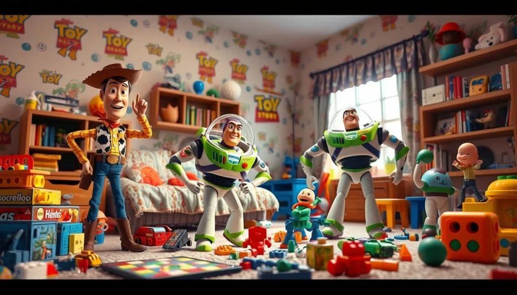 A vibrant and whimsical scene of "Prompts para Toy Story" set in Andy's room, with a playful composition featuring Woody, Buzz Lightyear, and the rest of the beloved Toy Story characters. The foreground is dominated by the main toys, posed in dynamic, action-packed positions, capturing their distinct personalities and iconic designs. The middle ground showcases various toy props and accessories, such as board games, building blocks, and other playthings, creating a sense of a well-loved and lived-in space. The background features a warm, nostalgic setting, with the signature Toy Story wallpaper, shelves filled with books and toys, and a window allowing soft, natural lighting to filter in, evoking a cozy, comforting atmosphere. The overall mood is one of whimsy, adventure, and the enduring magic of childhood imagination.