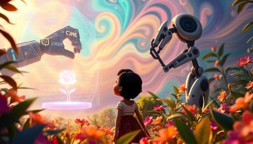 A vibrant and whimsical scene of the beloved Pixar character Coco interacting with the wonders of artificial intelligence. In the foreground, Coco stands amidst a lush, magical garden, her eyes filled with wonder as she gazes upon a floating holographic display. Intricate algorithms and lines of code swirl around her, creating a mesmerizing visual tapestry. In the middle ground, a towering robotic arm gently reaches down, offering Coco a glowing, AI-generated flower. The background is a dreamlike realm of swirling colors and shapes, hinting at the boundless possibilities of the fusion between the organic and the digital. Soft, warm lighting casts a gentle glow, evoking a sense of enchantment and discovery. The overall scene captures the intersection of Coco's vibrant, folkloric world and the cutting-edge advancements of artificial intelligence, creating a captivating and imaginative visual narrative.