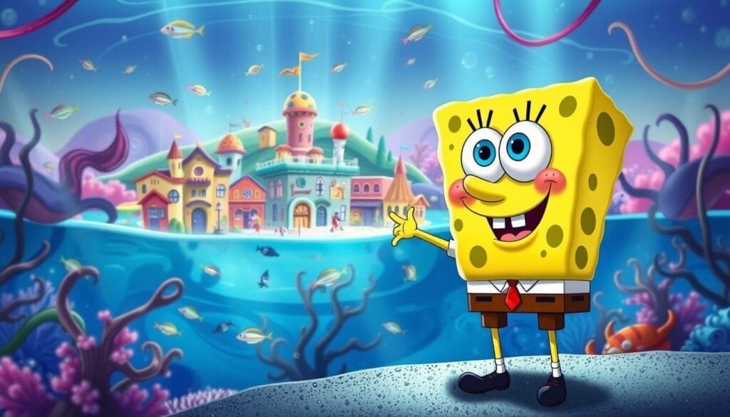 A vibrant and whimsical scene of the beloved character Bob Sponge, set against a lively underwater backdrop. In the foreground, Bob Sponge stands tall, his iconic yellow sponge-like body and big expressive eyes capturing his cheerful and mischievous personality. The middle ground features the bustling town of Bikini Bottom, with its colorful buildings, iconic landmarks, and quirky inhabitants going about their daily lives. In the background, a serene and bioluminescent seascape sets the stage, with swaying kelp, shimmering schools of fish, and a soft, diffused lighting that creates a magical, dreamlike atmosphere. The overall composition and attention to detail accurately capture the spirit and essence of the beloved cartoon series, making it a perfect visual representation for the article's "Los mejores prompts para crear imágenes de Bob Esponja con IA" section.