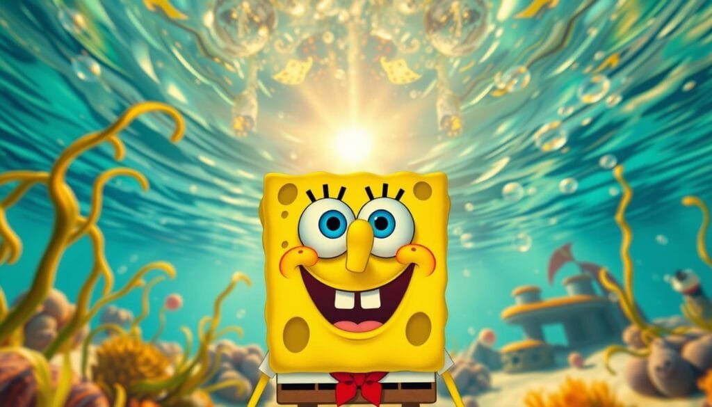 A vibrant and whimsical scene of the iconic Nickelodeon character SpongeBob SquarePants, captured through the lens of a cutting-edge AI image generation system. In the foreground, SpongeBob's cheerful, cartoon-like visage fills the frame, his signature yellow hue and wide, expressive eyes conveying his boundless enthusiasm. The middle ground features the surreal, underwater setting of Bikini Bottom, with swaying seaweed, gently undulating bubbles, and the faint silhouettes of SpongeBob's friends and neighbors. In the background, a warm, golden glow emanates from the sun's rays piercing through the crystal-clear ocean waters, casting a soft, dreamlike ambiance over the entire scene. The image exudes a sense of whimsy, nostalgia, and the boundless creative possibilities of AI-powered image generation.