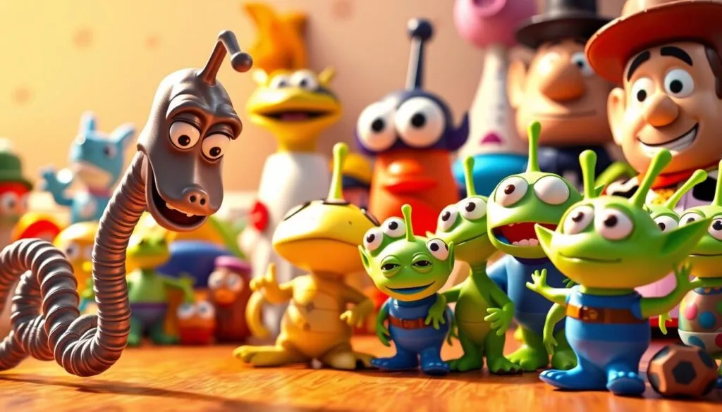 A vibrant and whimsical scene showcasing a group of beloved secondary characters from the Toy Story universe. In the foreground, Slinky Dog playfully stretches his coils, his friendly expression captured in lifelike detail. Beside him, Rex the dinosaur toy anxiously fidgets, his large eyes conveying a sense of endearing uncertainty. In the middle ground, the three-eyed aliens peer curiously, their distinctive features and bright green hues standing out against a soft, pastel-toned background. Surrounding them, a collection of lesser-known but equally charming toys, such as the Squeeze Toy Aliens, Mr. Potato Head, and Hamm the Piggy Bank, create a vibrant and engaging composition. The overall scene is bathed in warm, gentle lighting, evoking the whimsical and nostalgic atmosphere of the Toy Story universe.