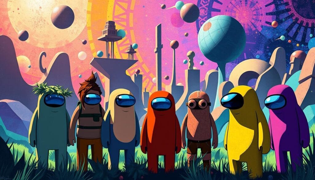 A vibrant, art-inspired interpretation of the popular game Among Us. In the foreground, the iconic crewmates are rendered in a variety of artistic styles - impressionistic brushstrokes, bold cubist shapes, and expressive abstract forms. The middle ground features a surreal, dreamlike landscape with floating platforms, geometric shapes, and psychedelic color schemes. The background is a kaleidoscopic explosion of patterns, textures, and hues, creating a sense of energy and movement. Dramatic lighting casts dynamic shadows and highlights, adding depth and drama to the scene. The overall atmosphere is one of playful creativity, blending the familiar Among Us characters with a visually striking, gallery-worthy aesthetic.