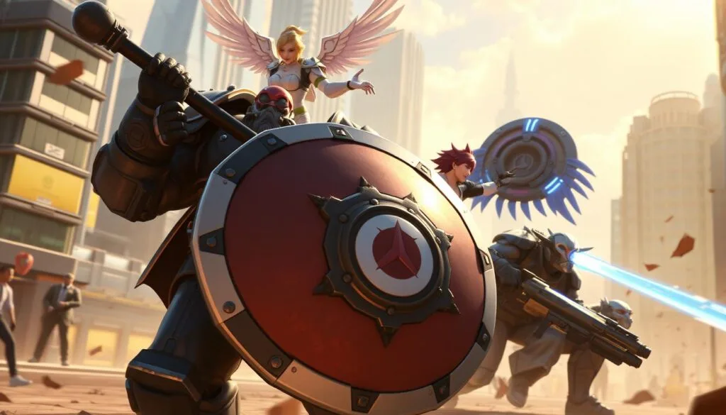 A vibrant battle scene of Overwatch 2's tank and support heroes, rendered in a cinematic, highly detailed style. In the foreground, Reinhardt charges forward, his massive shield deflecting enemy fire, while behind him, Mercy hovers, staff extended, healing her allies. Zarya's gravitational surge pulls in foes, while Orisa's protective barrier shields the team. In the background, the urban landscape of a futuristic city sets the stage, with dramatic lighting casting long shadows and lending an air of intensity to the confrontation. The composition is balanced, the action dynamic, capturing the essence of Overwatch 2's teamwork-driven gameplay.