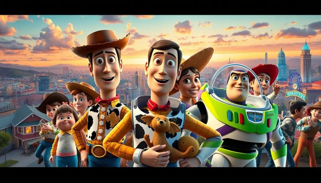 A vibrant, cinematic collage depicting the beloved Toy Story characters across different eras - from the whimsical 1950s to the sleek, futuristic 2080s. In the foreground, Woody, Buzz, and the gang come to life in stunning detail, their expressions and poses capturing the evolution of their relationships. The middle ground showcases iconic settings from the films, reimagined with retro or sci-fi aesthetics. The background features sweeping landscapes that shift from idyllic suburban neighborhoods to gleaming cityscapes, creating a sense of timeless wonder. Warm, nostalgic lighting in the earlier scenes gives way to cool, neon-tinged illumination in the future-set vignettes. Cinematic camera angles and a cinematic, widescreen composition tie the entire piece together, showcasing the timeless appeal of these beloved characters.