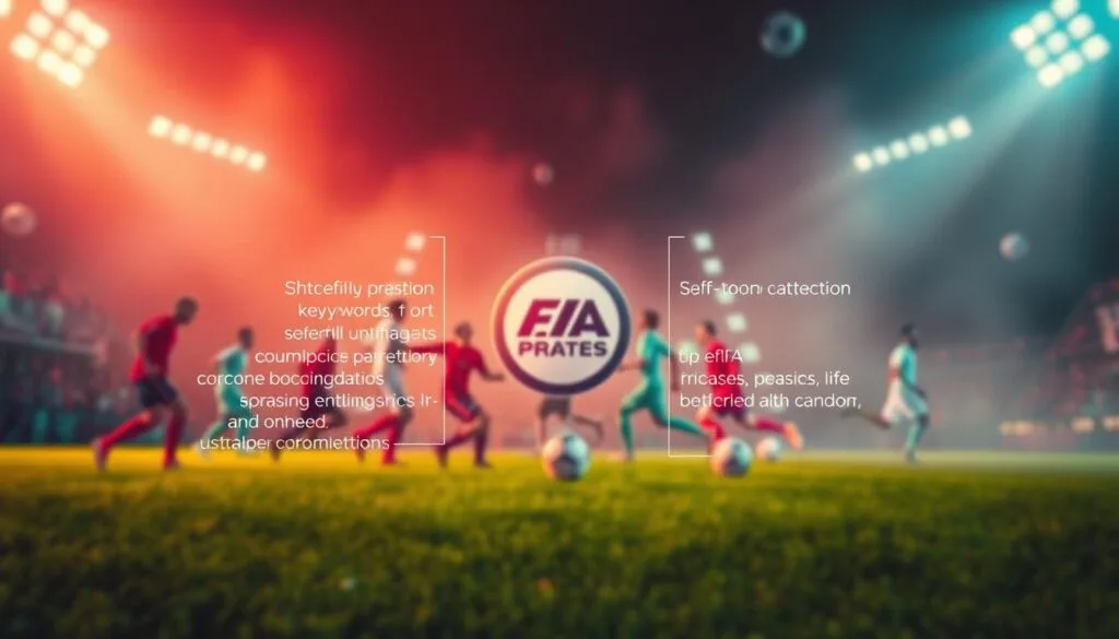 A vibrant, cinematic image of a structured prompt for creating FIFA-themed images using AI. The foreground showcases a collection of carefully crafted keywords, phrases, and parameters arranged in a visually striking composition, with a central focal point. The middle ground features a dynamic blend of soccer-related elements, such as player silhouettes, ball shapes, and iconic FIFA branding, all set against a softly blurred background. The lighting is dramatic, with warm tones and shadows accentuating the depth and dimensionality of the scene. The overall atmosphere is one of artistic and technical prowess, capturing the essence of the fundamental structure of prompts for generating FIFA-inspired images.