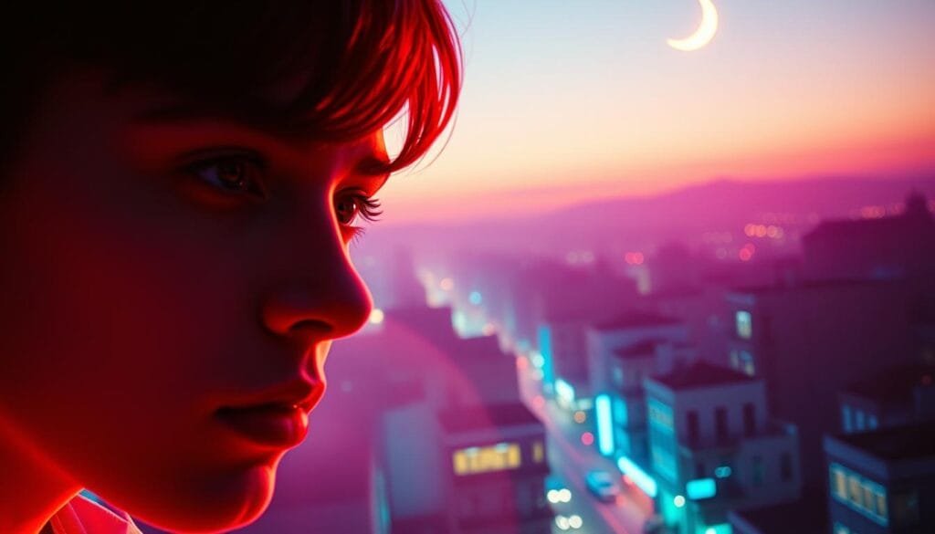 A vibrant, cinematic scene capturing the distinct visual style of the TV series Euphoria. In the foreground, an up-close portrait of a young person's face, their features illuminated by warm, diffused lighting and a dreamlike haze. The middle ground reveals a nighttime cityscape, its buildings and streets awash in a kaleidoscope of neon colors - pinks, blues, and greens - that cast a moody, ethereal glow. In the background, a starry sky with a crescent moon hovers overhead, adding a sense of mysticism and wonder. The overall composition should convey a sense of youthful energy, emotional intensity, and the mesmerizing visual aesthetic that defines the Euphoria universe.