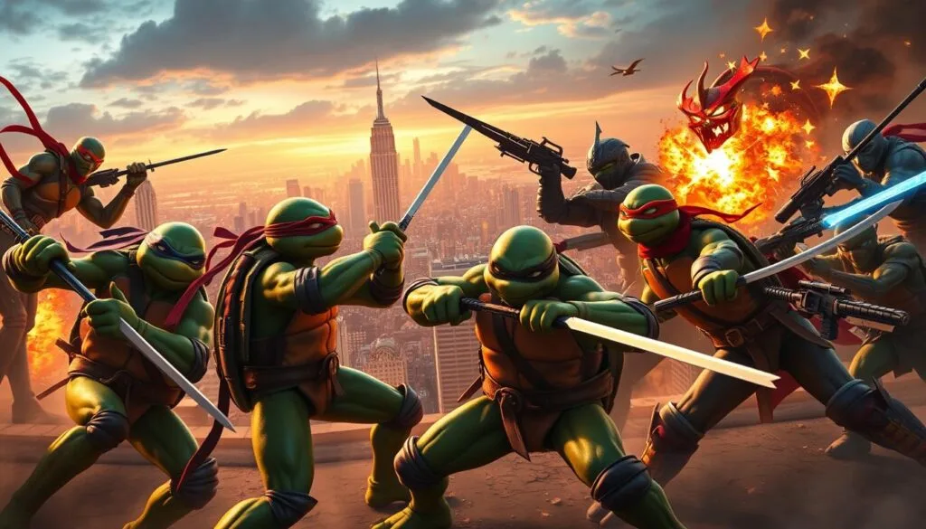 A vibrant, cinematic scene depicting the Teenage Mutant Ninja Turtles engaged in a dynamic crossover with characters from another beloved franchise. In the foreground, Leonardo, Raphael, Donatello, and Michelangelo battle ferociously alongside iconic heroes, their nunchucks, sais, and bo staffs clashing with futuristic weaponry. The middle ground showcases a stunning cityscape, with skyscrapers and neon-lit landscapes serving as a backdrop to the intense action. Dramatic lighting casts dramatic shadows, heightening the sense of tension and urgency. The atmosphere is one of raw energy and thrilling collaboration, as these two disparate universes collide in a spectacular display of creativity and imagination.