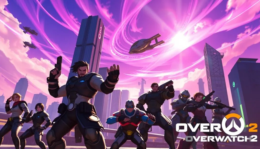 A vibrant, cinematic scene depicting the visual storytelling of Overwatch 2. In the foreground, heroic Overwatch characters strike dynamic poses, their expressions and body language conveying the drama and intensity of the game's narrative. The middle ground features a futuristic cityscape, with towering skyscrapers and hovering vehicles, casting dramatic shadows and reflections. In the background, a vivid, neon-tinged sky with swirling clouds and trails of light, creating a sense of awe and wonder. The lighting is dramatic, with shafts of light piercing through the urban landscape, accentuating the heroic figures and the technological marvels of the Overwatch universe. The overall mood is one of high-stakes adventure, heroism, and the power of visual storytelling.