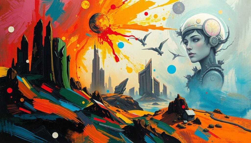 A vibrant collage of alternative artistic styles, blending surreal landscapes, abstract shapes, and dynamic brush strokes. In the foreground, bold, expressive brushwork in a palette of vibrant hues, capturing the energy and spontaneity of experimental painting techniques. The middle ground features a dreamlike, distorted cityscape with towering, angular structures in muted tones, hinting at the futuristic and unconventional. In the background, a swirling, ethereal atmosphere of muted colors and blurred forms, creating a sense of depth and mystery. Dramatic lighting casts dramatic shadows and highlights, adding depth and dimension to the composition. The overall mood is one of creative exploration, pushing the boundaries of traditional art forms.