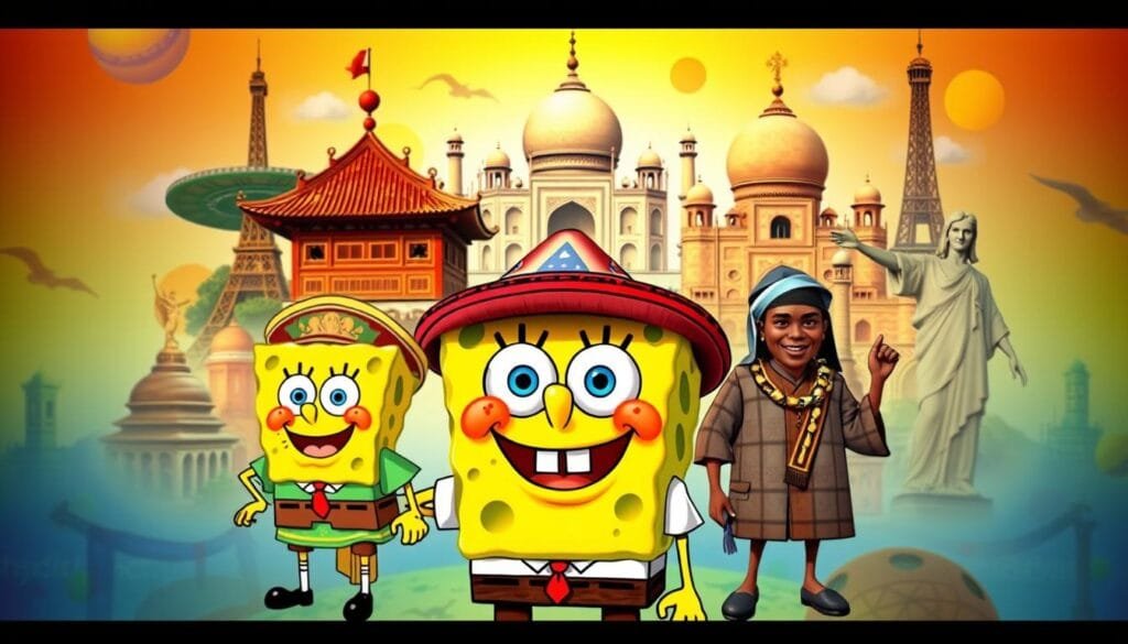 A vibrant collage showcasing SpongeBob SquarePants in diverse cultural attires and settings across the globe. In the foreground, the cheerful, yellow sponge character dons traditional garments from various regions - a kimono in Japan, a sombrero in Mexico, a dashiki in Africa. The middle ground features intricate architectural backdrops, such as a Buddhist temple in China, a Moroccan souk, and a Scottish castle. The background subtly blends iconic landmarks like the Eiffel Tower, the Taj Mahal, and the Christ the Redeemer statue, creating a sense of cultural unity. Warm, saturated tones and a sense of playfulness permeate the scene, reflecting SpongeBob's universal appeal across diverse global communities.