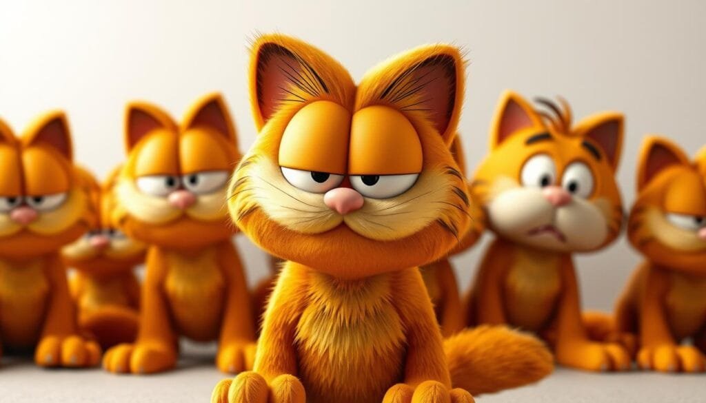 A vibrant collection of Garfield the cat displaying a range of emotive expressions. In the foreground, Garfield's iconic orange fur and mischievous gaze convey a playful and content mood. In the middle ground, his eyes widen with surprise, eyebrows raised, capturing a moment of astonishment. Further back, Garfield's brow furrows in a contemplative expression, head tilted slightly as if deep in thought. The lighting is soft and natural, highlighting the feline's features and creating a sense of depth and dimension. The background is a simple, uncluttered setting, allowing the focus to remain on Garfield's emotive states. Rendered with exceptional detail and realism, this image depicts the many facets of Garfield's personality with clarity and charm.