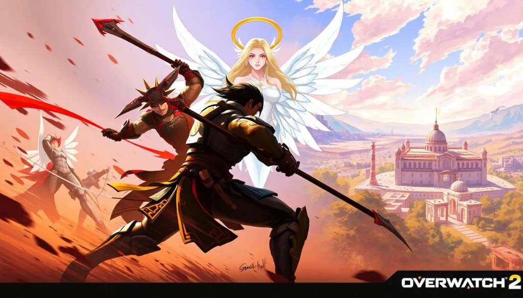 A vibrant collection of Overwatch 2 fan art showcasing the game's iconic heroes and environments, rendered in a variety of artistic styles. In the foreground, a dynamic scene of Genji and Hanzo engaged in an intense battle, their movements captured in a bold, expressive brush stroke style. In the middle ground, a serene portrait of Mercy, her wings and halo depicted in a delicate, ethereal watercolor palette. In the background, a sweeping landscape of Ilios, the ancient Greek city rendered in a vivid, almost impressionistic oil painting technique. Warm, dramatic lighting casts dramatic shadows and highlights the unique textures of each artistic style. The overall atmosphere evokes a sense of the game's diverse cast of characters and vibrant world.