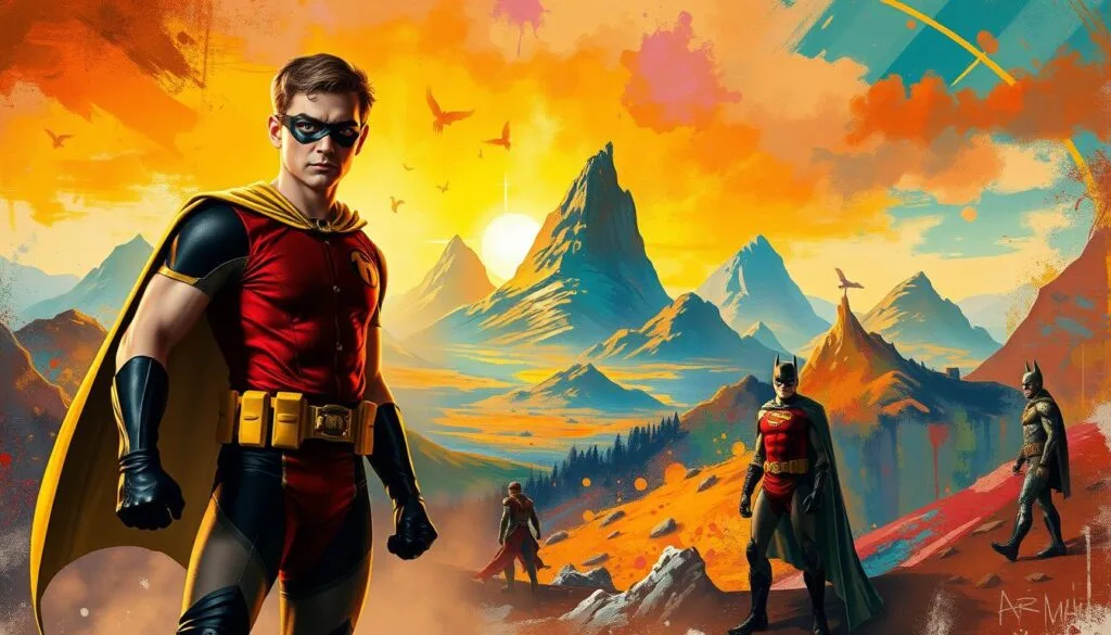 A vibrant collection of artistic interpretations showcasing the iconic hero, Robin, in a variety of captivating styles. In the foreground, Robin stands heroically, his costume meticulously detailed, illuminated by a warm, cinematic lighting that casts dramatic shadows. In the middle ground, the scene transitions into a surreal, impressionistic landscape, with brushstrokes of color and texture that evoke the dynamic energy of comic book panels. The background features a kaleidoscope of artistic influences, from the bold, geometric lines of cubism to the expressive, emotive strokes of expressionism, all seamlessly blended to create a visually stunning and artistically diverse representation of this beloved character.