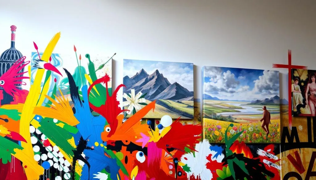 A vibrant collection of artistic styles, showcasing the diverse expressions of human creativity. In the foreground, a dynamic interplay of bold brushstrokes, vibrant colors, and abstract forms, evoking the energy of expressionism. In the middle ground, a serene, photorealistic landscape, capturing the subtle nuances of realism. In the background, a dreamlike, surreal scene, blending elements of fantasy and surrealism. The lighting is soft and diffused, creating a sense of depth and atmosphere. The overall composition is balanced, with a harmonious flow between the different artistic techniques and genres. The mood is one of wonder and appreciation for the boundless potential of artistic expression.