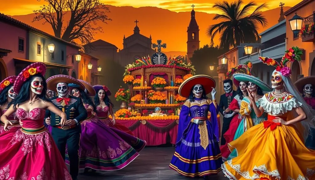 A vibrant, colorful scene of Día de Muertos celebrations, with a lively procession of costumed figures parading through a traditional Mexican town. In the foreground, a group of revelers adorned in ornate sugar skull makeup and vibrant, flowing dresses dance to the rhythmic beat of mariachi music. In the middle ground, an elaborate ofrenda (offering altar) stands, adorned with marigold flowers, candles, and offerings to honor the departed. In the background, the silhouettes of buildings and churches are bathed in warm, golden light, evoking the festive, spiritual atmosphere of this beloved cultural tradition. The overall mood is one of joyous remembrance, reverence, and community.
