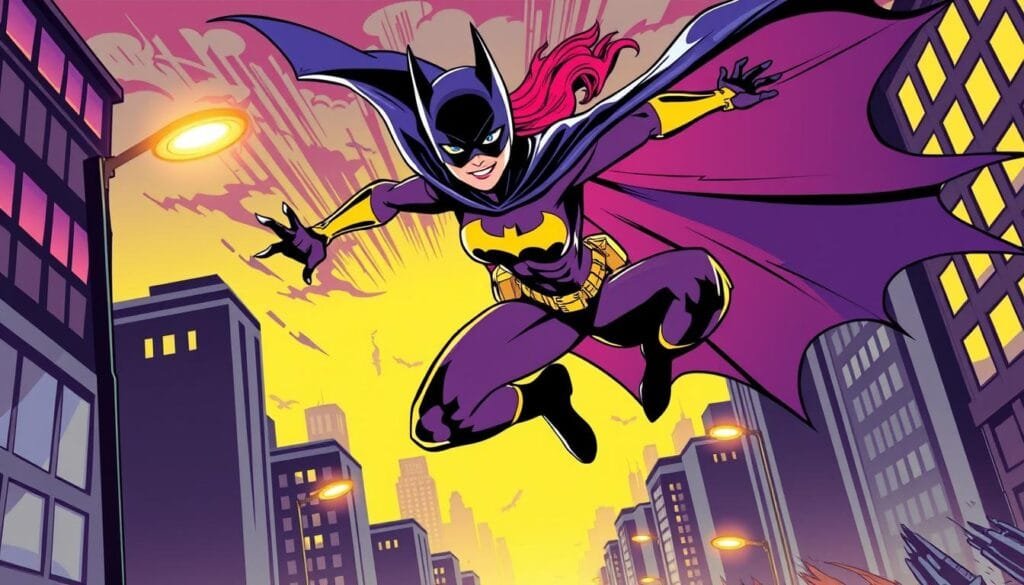 A vibrant, comic-inspired illustration of Batgirl in action, featuring a dynamic, high-contrast color palette and bold, exaggerated linework. The heroine is depicted mid-leap, her cape billowing dramatically as she moves with purpose and power. Dramatic shadows and highlights accentuate her muscular form, creating a sense of depth and drama. The background is a stylized urban cityscape, with skyscrapers and streetlights rendered in a flattened, graphic style that complements the comic book aesthetic. The overall mood is energetic, heroic, and immersive, drawing the viewer into Batgirl's world of crime-fighting and adventure.