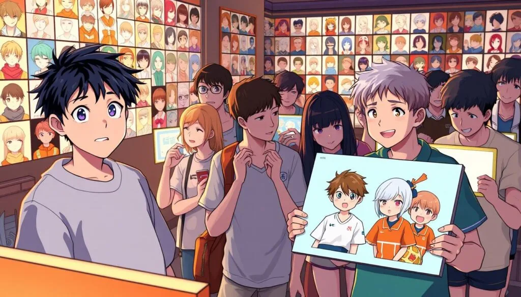A vibrant community of Haikyu!! fans gathered in a cheerful online forum, sharing their creative fan art and cosplay. In the foreground, a young artist proudly displays their digital painting of the main characters, their brushstrokes bringing the beloved characters to life. In the middle ground, fans excitedly discuss and comment on the artwork, their faces illuminated by the glow of their screens. The background is filled with a collage of thumbnail images, showcasing the diverse array of fan creations - sketches, 3D models, and fan-made merchandise. The overall scene is bathed in a warm, inviting glow, capturing the joy and camaraderie of this passionate Haikyu!! community.