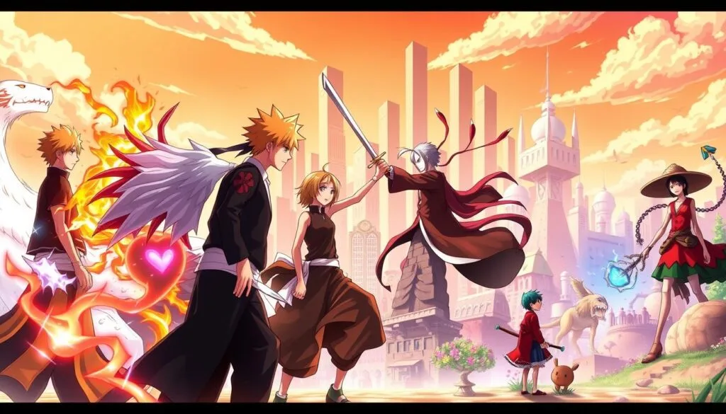 A vibrant crossover scene showcasing the iconic characters of Bleach interacting with beloved protagonists from other beloved anime universes. In the foreground, Ichigo Kurosaki and Naruto Uzumaki stand side-by-side, their powerful auras clashing in a dynamic display. In the middle ground, Rukia Kuchiki engages in a spirited swordfight with Eren Jaeger, their blades sparking against a backdrop of towering skyscrapers. In the distance, Monkey D. Luffy and Kagome Higurashi explore a fantastical realm, surrounded by whimsical creatures and elements from their respective worlds. Warm lighting bathes the entire composition, creating a sense of wonder and excitement, as if this crossover event was always meant to be.