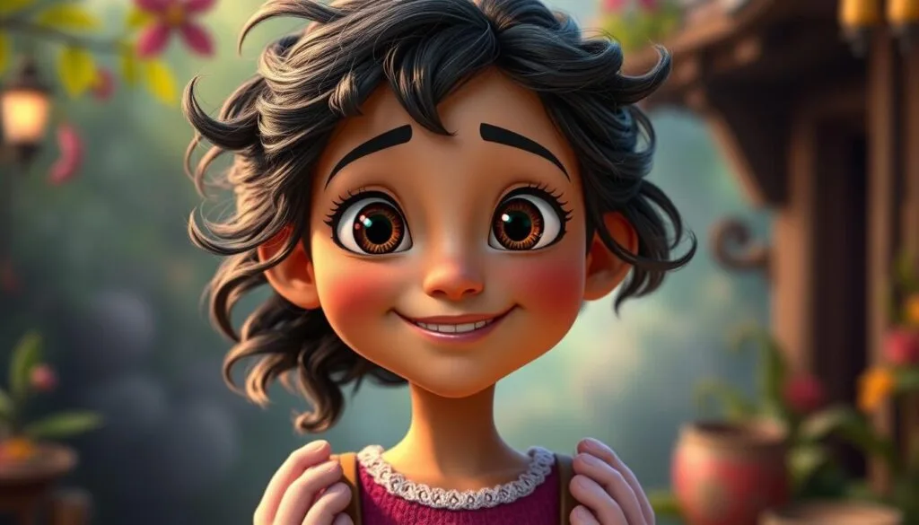 A vibrant, detailed portrait of Mirabel Madrigal, the quirky and empathetic protagonist of the Disney film Encanto. Mirabel stands center-frame, her warm brown eyes and expressive face conveying a blend of whimsy and determination. The lighting is soft and flattering, accentuating her distinctive features - her unruly dark curls, her endearing overbite, her bright, hopeful smile. The background blurs into an impressionistic, magical realist setting, hinting at the enchanted Madrigal family and their extraordinary gifts. The overall mood is one of joyful wonder, capturing the essence of Mirabel's character and the enchanting world of Encanto. A vibrant, detailed portrait of Mirabel Madrigal, the quirky and empathetic protagonist of the Disney film Encanto. Mirabel stands center-frame, her warm brown eyes and expressive face conveying a blend of whimsy and determination. The lighting is soft and flattering, accentuating her distinctive features - her unruly dark curls, her endearing overbite, her bright, hopeful smile. The background blurs into an impressionistic, magical realist setting, hinting at the enchanted Madrigal family and their extraordinary gifts. The overall mood is one of joyful wonder, capturing the essence of Mirabel's character and the enchanting world of Encanto.