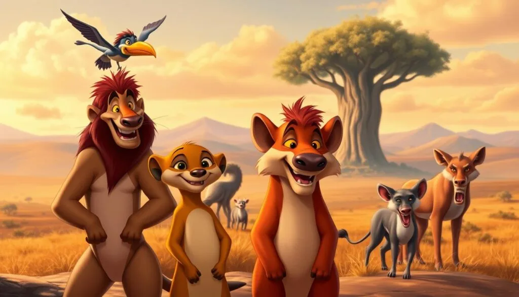 A vibrant, detailed scene depicting the memorable secondary characters from the classic Disney film "The Lion King". In the foreground, Timon the meerkat and Pumbaa the warthog stand side-by-side, their expressions lively and humorous. Behind them, Zazu the hornbill soars gracefully through the sky, while the hyena trio of Shenzi, Banzai, and Ed lurk in the shadowy middle ground. In the distant background, the Pride Lands stretch out, with the iconic baobab tree and lush, rolling hills. Warm, golden lighting bathes the entire composition, evoking the serene, timeless atmosphere of the African savanna. Rendered with a painterly, semi-realistic style that captures the whimsical spirit of the original animated film. A vibrant, detailed scene depicting the memorable secondary characters from the classic Disney film "The Lion King". In the foreground, Timon the meerkat and Pumbaa the warthog stand side-by-side, their expressions lively and humorous. Behind them, Zazu the hornbill soars gracefully through the sky, while the hyena trio of Shenzi, Banzai, and Ed lurk in the shadowy middle ground. In the distant background, the Pride Lands stretch out, with the iconic baobab tree and lush, rolling hills. Warm, golden lighting bathes the entire composition, evoking the serene, timeless atmosphere of the African savanna. Rendered with a painterly, semi-realistic style that captures the whimsical spirit of the original animated film.