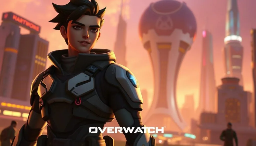 A vibrant, detailed scene of the Overwatch 2 universe, showcasing a dynamic character in the foreground, surrounded by a futuristic city skyline in the background. The character, in their iconic Overwatch gear, stands tall and confident, their expression conveying a sense of determination and focus. The lighting is a balance of warm and cool tones, creating a cinematic atmosphere. The composition features a shallow depth of field, with the character in sharp focus and the cityscape slightly blurred, drawing the viewer's attention to the main subject. The overall mood is one of anticipation and excitement, reflecting the energy and innovation of Overwatch 2.