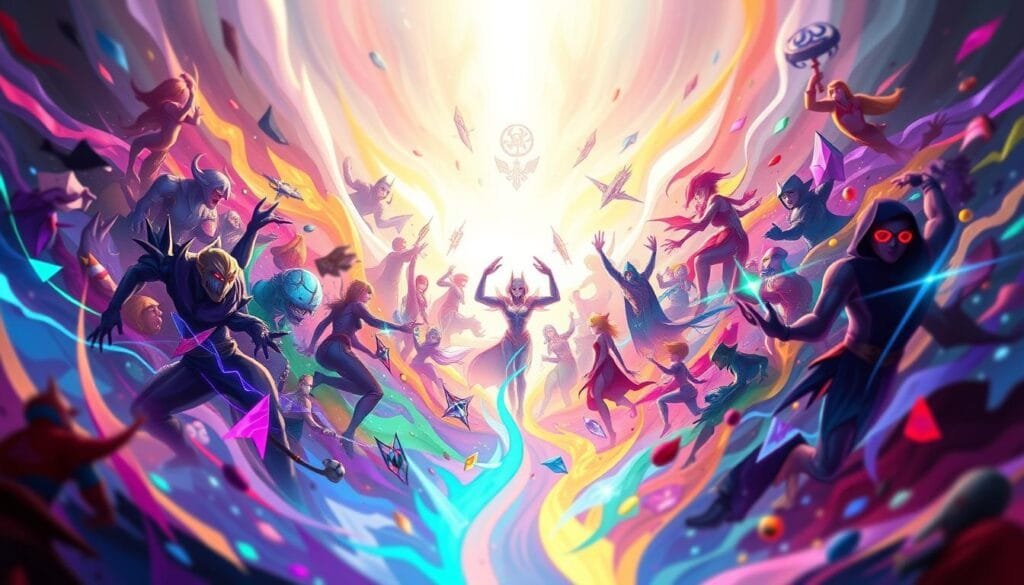 A vibrant digital artwork depicting the artistic expression of the League of Legends universe, generated by the creative power of artificial intelligence. The foreground showcases a dynamic, abstract composition of iconic LoL characters and symbols, masterfully blended and reimagined through the lens of AI-driven imagination. The middle ground features a fluid, colorful backdrop that echoes the game's bold, energetic aesthetic. In the background, a subtle, ethereal glow illuminates the scene, creating a sense of mysticism and wonder. The overall mood is one of celebration, inviting the viewer to immerse themselves in the captivating and ever-evolving world of LoL, as reimagined by the synergy of human creativity and machine intelligence. A vibrant digital artwork depicting the artistic expression of the League of Legends universe, generated by the creative power of artificial intelligence. The foreground showcases a dynamic, abstract composition of iconic LoL characters and symbols, masterfully blended and reimagined through the lens of AI-driven imagination. The middle ground features a fluid, colorful backdrop that echoes the game's bold, energetic aesthetic. In the background, a subtle, ethereal glow illuminates the scene, creating a sense of mysticism and wonder. The overall mood is one of celebration, inviting the viewer to immerse themselves in the captivating and ever-evolving world of LoL, as reimagined by the synergy of human creativity and machine intelligence.