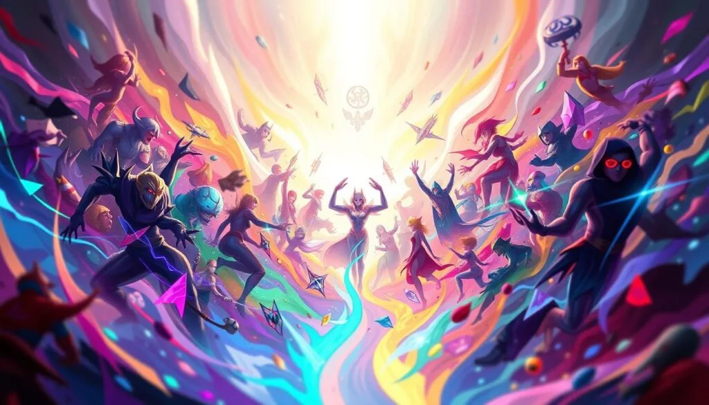 A vibrant digital artwork depicting the artistic expression of the League of Legends universe, generated by the creative power of artificial intelligence. The foreground showcases a dynamic, abstract composition of iconic LoL characters and symbols, masterfully blended and reimagined through the lens of AI-driven imagination. The middle ground features a fluid, colorful backdrop that echoes the game's bold, energetic aesthetic. In the background, a subtle, ethereal glow illuminates the scene, creating a sense of mysticism and wonder. The overall mood is one of celebration, inviting the viewer to immerse themselves in the captivating and ever-evolving world of LoL, as reimagined by the synergy of human creativity and machine intelligence.