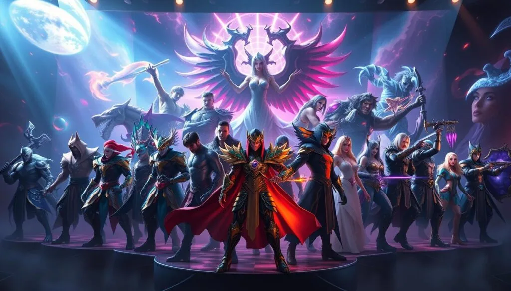 A vibrant display of League of Legends' iconic skins, showcasing their distinct visual styles and captivating designs. In the foreground, a diverse array of champion skins in striking poses, radiating power and elegance. The middle ground features intricate details and textures, highlighting the exceptional craftsmanship of each skin. In the background, a dynamic and immersive environment sets the stage, with a blend of ethereal lighting, rich colors, and subtle visual effects that transport the viewer into the world of League of Legends. The overall atmosphere conveys a sense of depth, sophistication, and the sheer artistry that goes into creating these coveted in-game skins.
