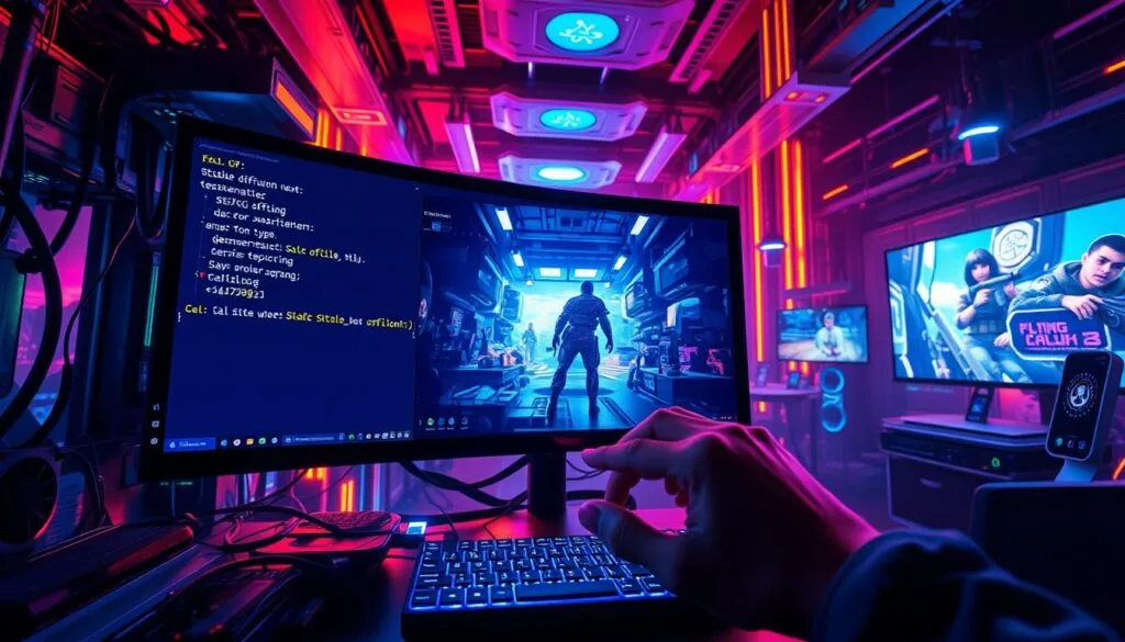 A vibrant, dynamic composition depicting the process of generating images with artificial intelligence. In the foreground, a computer monitor displays the Stable Diffusion text-to-image interface, with a prompt being typed in by a pair of hands. The monitor is surrounded by various hardware components, including a powerful GPU, cables, and cooling systems, all bathed in a warm, soft lighting. In the middle ground, a 3D render of a Call of Duty-inspired scene gradually takes shape, with detailed textures, lighting, and atmospheric effects. The background features a futuristic, high-tech environment, with holographic displays, floating screens, and a sense of technological advancement. The overall tone is one of creativity, innovation, and the seamless integration of human and machine in the pursuit of visual art.