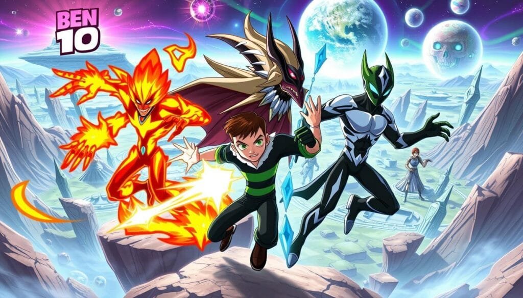 A vibrant, dynamic crossover scene featuring Ben Tennyson's alien transformations in a fantastical, otherworldly setting. In the foreground, Ben shifts into various iconic alien forms - Heatblast, Diamondhead, Upgrade - their powers and abilities clashing and interacting in a dazzling display. The middle ground depicts a surreal, alien landscape with floating landmasses, crystalline structures, and swirling energy fields. In the background, glimpses of parallel dimensions and alternative universes can be seen, hinting at the expansive, multiversal nature of the Ben 10 universe. The lighting is dramatic, with dynamic contrasts of light and shadow, and a sense of movement and kinetic energy permeates the entire scene. The overall mood is one of wonder, adventure, and the boundless potential of the Ben 10 multiverse.