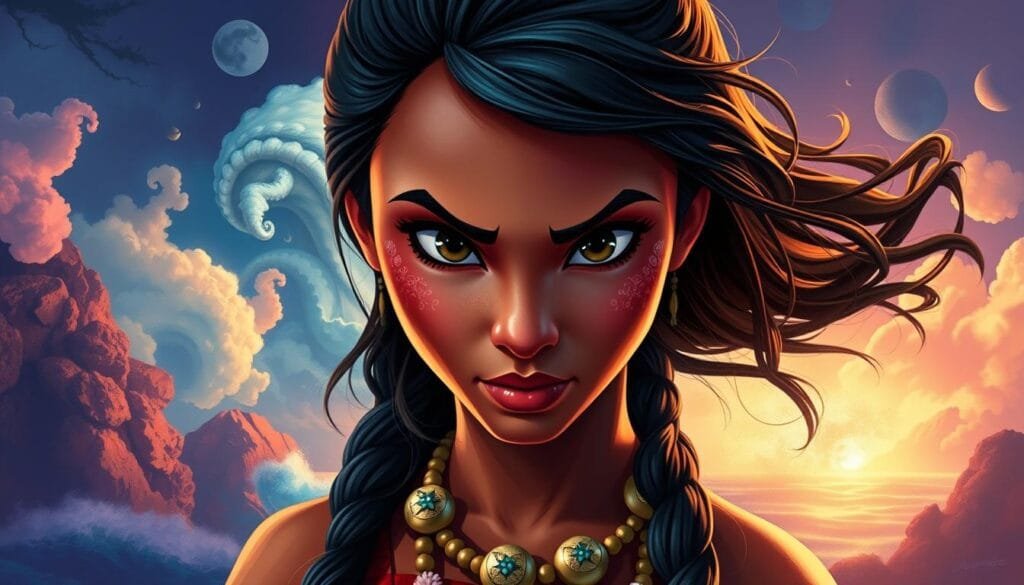 A vibrant, dynamic portrait of the brave and adventurous Moana, depicted in a variety of distinct artistic styles. The foreground features Moana's striking features, with her piercing gaze and flowing hair, rendered in a bold, expressive painterly style. The middle ground showcases her iconic ocean-inspired attire, captured in a detailed, intricate vector art aesthetic. The background immerses the viewer in a dreamlike, surreal landscape, blending elements of Moana's Polynesian heritage with fantastical, ethereal hues and textures in a digital painting style. Dramatic lighting casts deep shadows and highlights Moana's determined expression, culminating in a striking, multilayered artistic interpretation of this beloved Disney heroine. A vibrant, dynamic portrait of the brave and adventurous Moana, depicted in a variety of distinct artistic styles. The foreground features Moana's striking features, with her piercing gaze and flowing hair, rendered in a bold, expressive painterly style. The middle ground showcases her iconic ocean-inspired attire, captured in a detailed, intricate vector art aesthetic. The background immerses the viewer in a dreamlike, surreal landscape, blending elements of Moana's Polynesian heritage with fantastical, ethereal hues and textures in a digital painting style. Dramatic lighting casts deep shadows and highlights Moana's determined expression, culminating in a striking, multilayered artistic interpretation of this beloved Disney heroine.