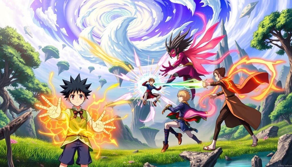 A vibrant, dynamic scene from the world of Hunter x Hunter, showcasing the iconic characters and the awe-inspiring power of their Nen abilities. In the foreground, Gon Freecss and Killua Zoldyck stand side by side, their youthful energy and determination radiating from their expressions. Intricate, glowing energy flows from their hands, hinting at the depth of their Nen powers. In the middle ground, Kurapika and Leorio engage in a tense, yet compelling battle, their Nen-enhanced attacks colliding in a dazzling display of light and shadow. The background is a richly detailed, fantastical landscape, with towering trees, floating islands, and a swirling, ethereal sky that captures the otherworldly nature of the Hunter x Hunter universe. The overall scene is infused with a sense of adventure, wonder, and the boundless potential of the human spirit.