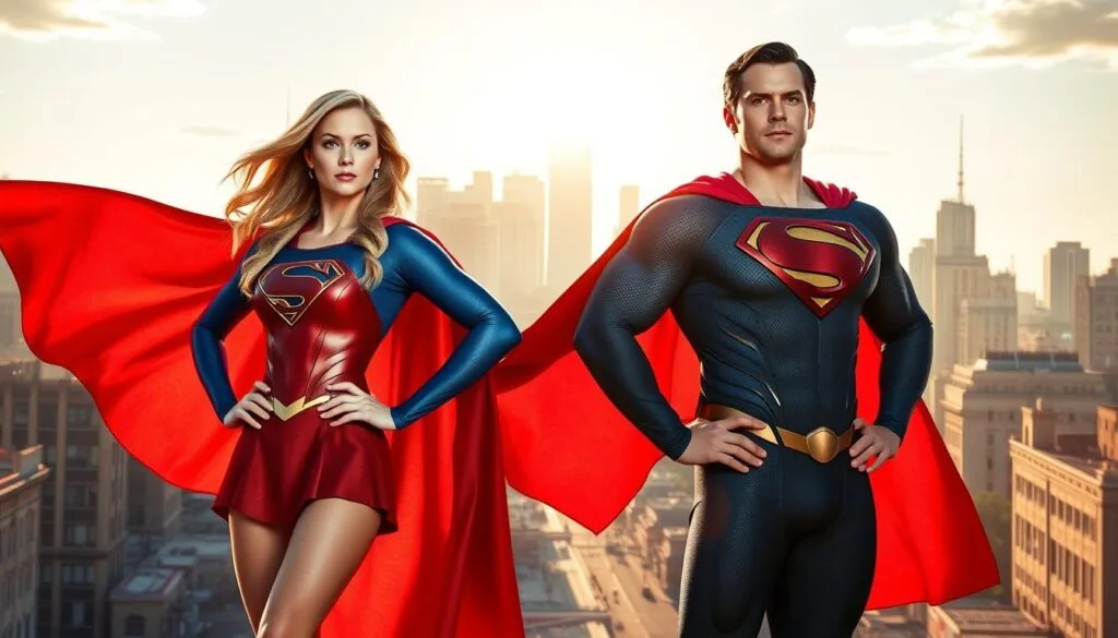 A vibrant, dynamic scene of Supergirl and Superman standing shoulder-to-shoulder, their capes billowing in the wind, their expressions resolute and determined. Supergirl, in her iconic red and blue costume, her hands on her hips, exuding confidence and strength. Superman, in his classic suit, his chiseled features and piercing gaze conveying a sense of unwavering heroism. The two iconic DC heroes occupy the foreground, bathed in warm, golden light, casting long shadows that stretch across the cityscape behind them. In the middle ground, the bustling streets of Metropolis, with towering skyscrapers and a vibrant, bustling city life. In the background, a cloudless sky, with the sun's rays peeking through, creating a sense of hope and optimism. The overall atmosphere is one of power, unity, and the triumphant partnership of these two legendary superheroes.