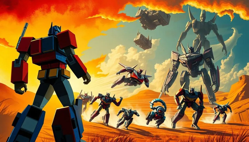 A vibrant, dynamic scene of Transformers robots in the distinct artistic styles of Spain. In the foreground, a bold Cubist Optimus Prime stands tall, geometric planes of red, blue, and yellow creating an angular, abstract silhouette. In the middle ground, a fleet of Futurist Autobots race across a vibrant background, sleek metallic forms trailing dynamic streaks of light. In the background, a Surrealist Megatron looms, a towering, dreamlike figure composed of disjointed mechanical parts floating in a hazy, fantastical landscape. Warm, dramatic lighting casts deep shadows, imbuing the scene with a sense of drama and intensity. The overall composition blends the iconic Transformers characters with the distinctive visual styles of Spanish art, creating a captivating and visually striking image. A vibrant, dynamic scene of Transformers robots in the distinct artistic styles of Spain. In the foreground, a bold Cubist Optimus Prime stands tall, geometric planes of red, blue, and yellow creating an angular, abstract silhouette. In the middle ground, a fleet of Futurist Autobots race across a vibrant background, sleek metallic forms trailing dynamic streaks of light. In the background, a Surrealist Megatron looms, a towering, dreamlike figure composed of disjointed mechanical parts floating in a hazy, fantastical landscape. Warm, dramatic lighting casts deep shadows, imbuing the scene with a sense of drama and intensity. The overall composition blends the iconic Transformers characters with the distinctive visual styles of Spanish art, creating a captivating and visually striking image.