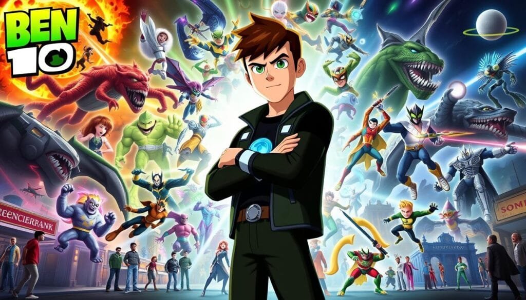 A vibrant, dynamic scene showcasing memorable moments from the Ben 10 series. In the foreground, the iconic Ben Tennyson stands resolute, the Omnitrix glowing on his wrist as he transforms into one of his powerful alien forms. Behind him, a swirling portal opens, revealing a kaleidoscope of past adventures - battles with villains, moments of triumph, and heartwarming connections with friends and family. The middle ground is filled with detailed depictions of Ben's transformations, each alien form capturing the essence of its unique abilities. In the background, a montage of iconic settings from the series unfolds, from the bustling streets of Bellwood to the vast, alien landscapes Ben has explored. The overall composition is cinematic, with dramatic lighting and a sense of movement and energy, conveying the excitement and memorability of the Ben 10 universe.