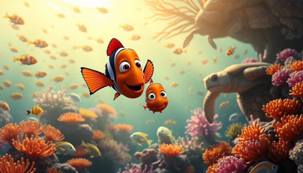 A vibrant, educational scene from the beloved animated film "Finding Nemo". In the foreground, Nemo and his father Marlin swim gracefully, their expressions filled with wonder and discovery. The middle ground features a diverse array of marine life, including schools of tropical fish, sea anemones, and a gentle sea turtle. The background is bathed in a soft, golden-hued underwater light, creating a serene, calming atmosphere. The composition is balanced and visually engaging, drawing the viewer's eye to the captivating characters and their educational journey through the vibrant ocean ecosystem. A vibrant, educational scene from the beloved animated film "Finding Nemo". In the foreground, Nemo and his father Marlin swim gracefully, their expressions filled with wonder and discovery. The middle ground features a diverse array of marine life, including schools of tropical fish, sea anemones, and a gentle sea turtle. The background is bathed in a soft, golden-hued underwater light, creating a serene, calming atmosphere. The composition is balanced and visually engaging, drawing the viewer's eye to the captivating characters and their educational journey through the vibrant ocean ecosystem.