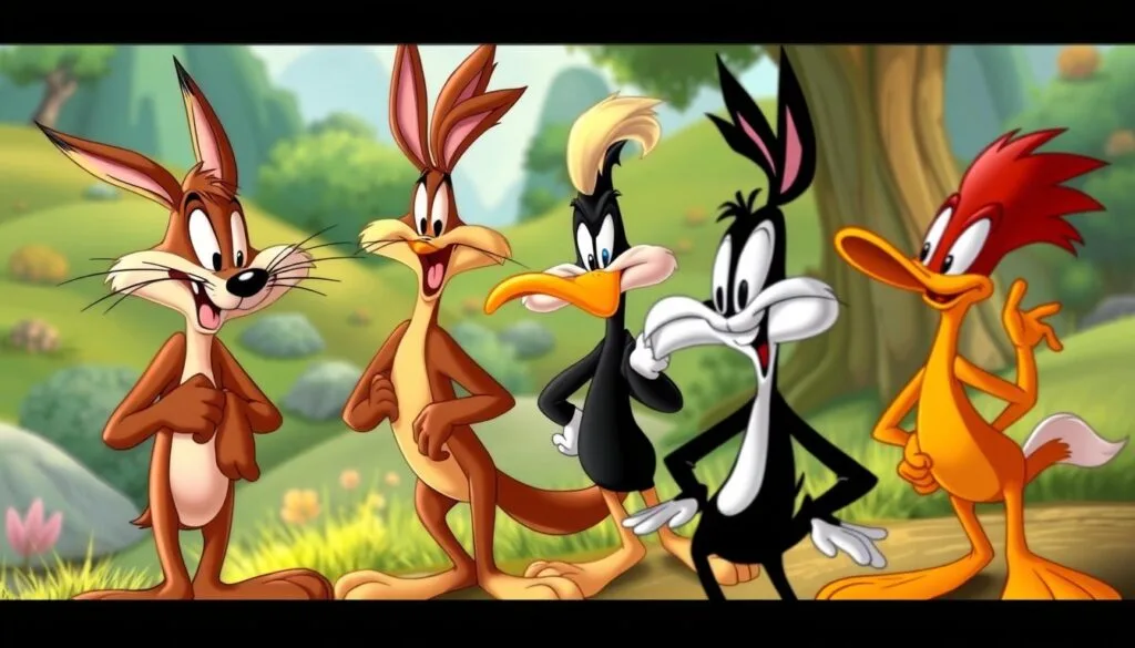 A vibrant ensemble of Looney Tunes secondary characters, captured in a dynamic scene with an artistic flair. A mischievous Wile E. Coyote concocting another ingenious trap, Foghorn Leghorn strutting with confident bravado, and Daffy Duck engaging in his signature antics, all set against a lush, whimsical landscape. The characters are rendered with a touch of stylized exaggeration, their expressive features and quirky mannerisms bringing the iconic Looney Tunes universe to life. Warm, saturated colors and a soft, painterly aesthetic evoke the classic cartoon aesthetic, while strategic lighting and depth of field create a sense of dynamic composition and visual interest. The overall tone is one of playful energy and endearing charm, perfectly capturing the spirit of these beloved secondary characters. A vibrant ensemble of Looney Tunes secondary characters, captured in a dynamic scene with an artistic flair. A mischievous Wile E. Coyote concocting another ingenious trap, Foghorn Leghorn strutting with confident bravado, and Daffy Duck engaging in his signature antics, all set against a lush, whimsical landscape. The characters are rendered with a touch of stylized exaggeration, their expressive features and quirky mannerisms bringing the iconic Looney Tunes universe to life. Warm, saturated colors and a soft, painterly aesthetic evoke the classic cartoon aesthetic, while strategic lighting and depth of field create a sense of dynamic composition and visual interest. The overall tone is one of playful energy and endearing charm, perfectly capturing the spirit of these beloved secondary characters.