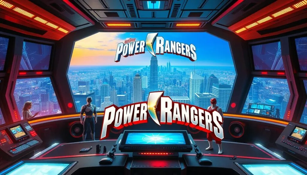 A vibrant, expansive Power Rangers command center, bathed in a mix of warm and cool lighting. In the foreground, the iconic Power Rangers logo is prominently displayed on a large viewscreen, flanked by control panels and holographic displays. The middle ground features the Power Rangers themselves, standing tall and heroic, ready to spring into action. The background showcases a sprawling cityscape, with skyscrapers and iconic landmarks visible through the windows, hinting at the vast world they protect. The scene exudes a sense of technological prowess, unwavering determination, and the epic scale of the Power Rangers' mission.
