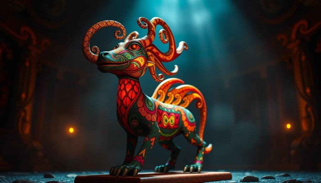 A vibrant, fantastical alebrije inspired by the world of Coco. A majestic, intricately patterned creature with swirling horns, glowing eyes, and a mythical, otherworldly presence. Intricate textures and bold colors dance across its form, capturing the dynamic, magical essence of the Mexican folk art tradition. The alebrije stands in a dimly lit, dreamlike environment, bathed in warm, golden lighting that casts dramatic shadows and highlights its mesmerizing details. An ethereal, enchanting scene that evokes the vibrant, supernatural atmosphere of the film Coco.