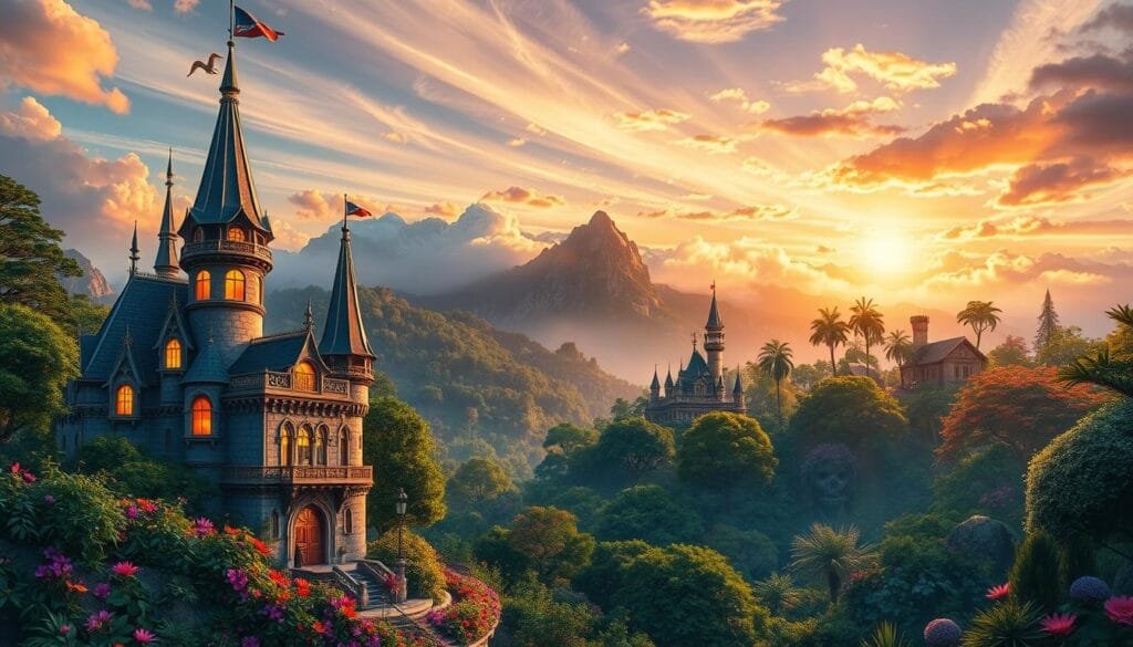 A vibrant, fantastical landscape depicting "Prompts para estilos artísticos variados". In the foreground, a whimsical castle with ornate architecture and towering spires, its windows aglow with warm light. In the middle ground, a lush, enchanted forest teeming with exotic flora and fauna, rays of sunlight filtering through the canopy. In the background, a majestic mountain range shrouded in wispy clouds, the sky painted in hues of gold and lavender. The scene exudes a sense of enchantment and wonder, inviting the viewer to explore the boundless possibilities of artistic expression through the power of prompts.